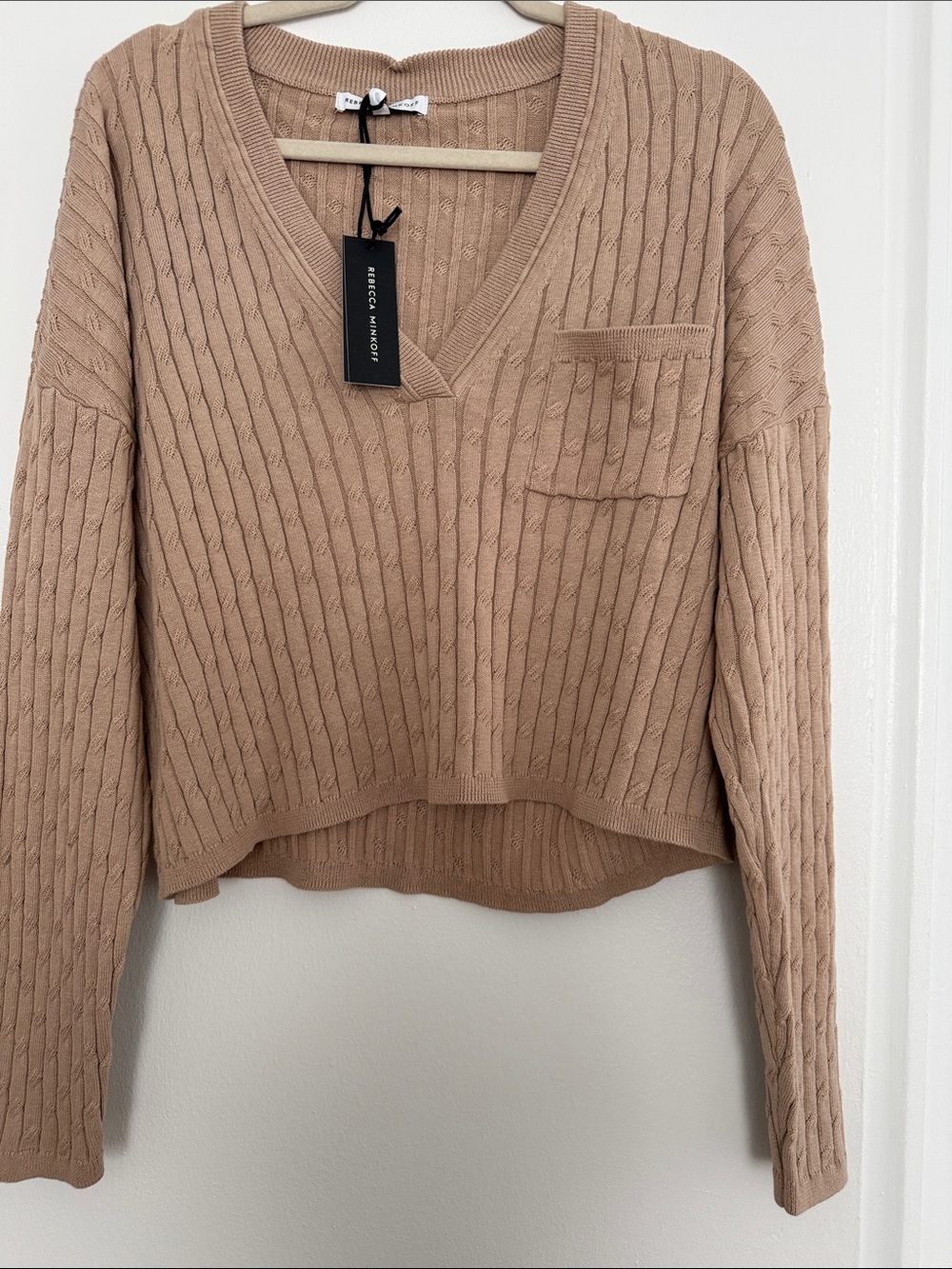 Rebecca Minkoff Cable Knit V-Neck Sweater - Taupe